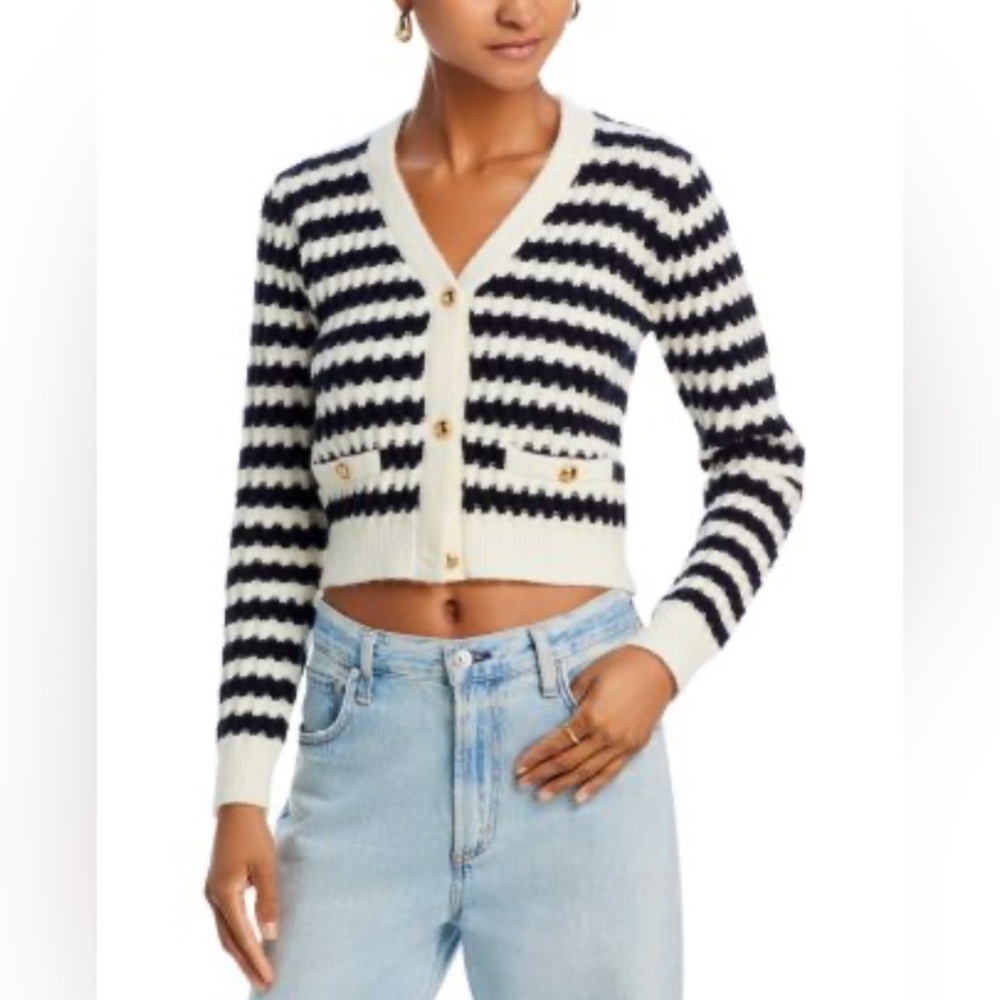Line and Dot Laurel Cropped Knit Cardigan sweater ivory black stripes  L